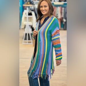 NWT Umgee Fringed Rainbow Long Open Cardigan Blue Green Women’s M Colorful Boho